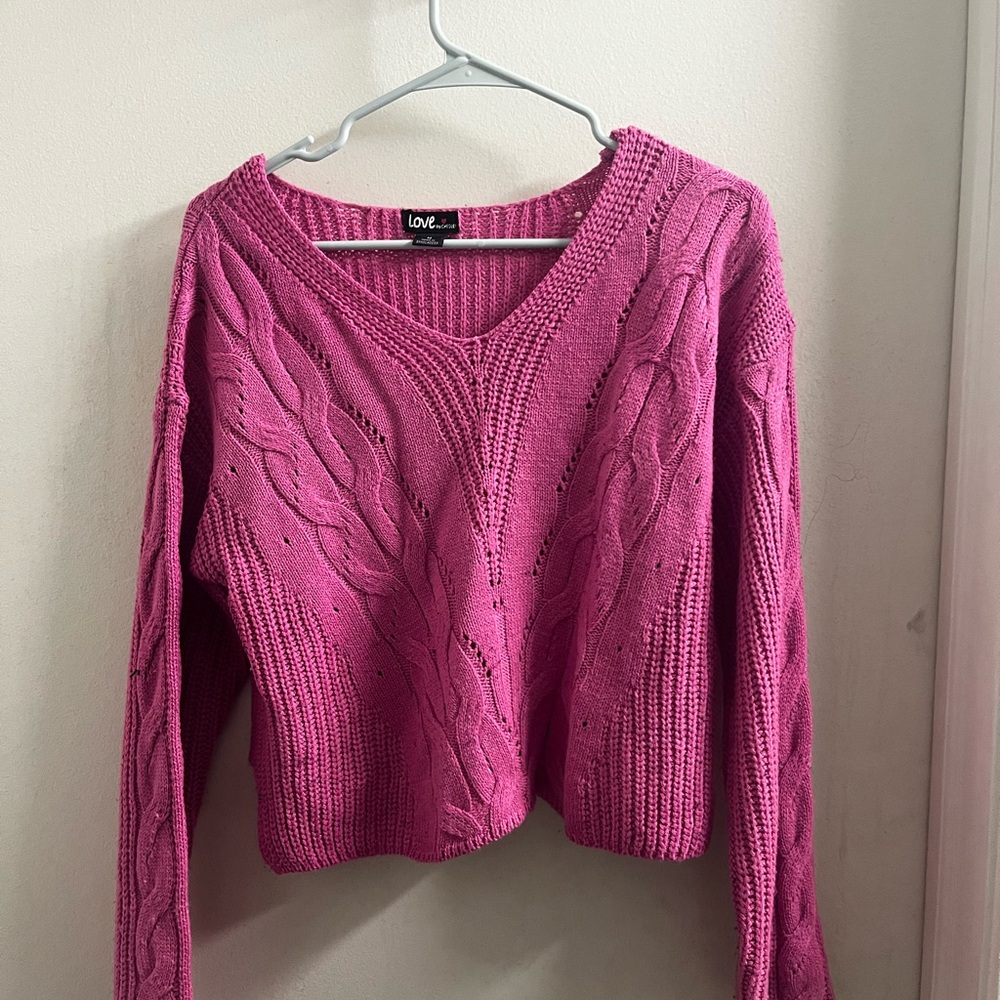 Love Magenta Cable Knit V-Neck Sweater